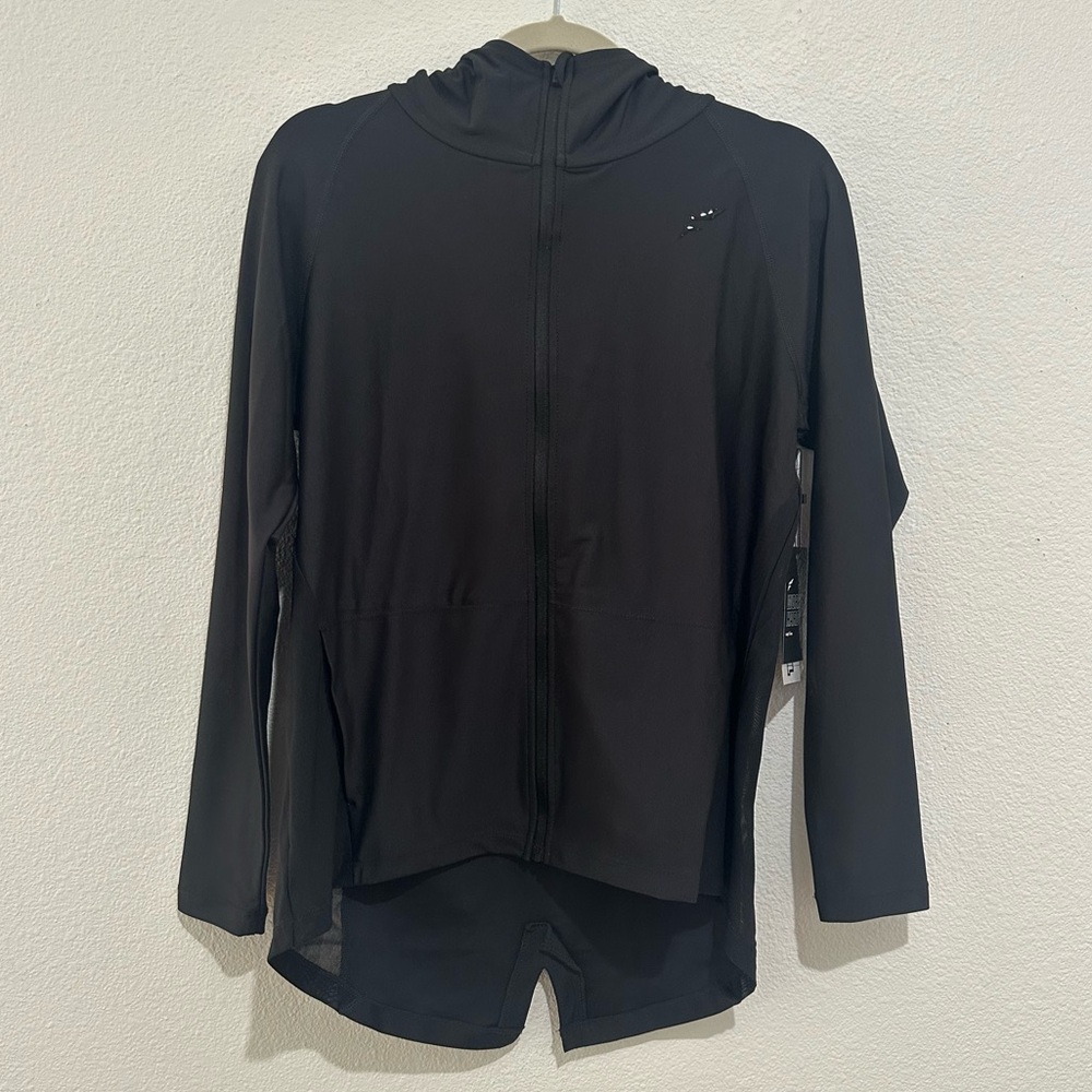 NEW! FLAG NOR FAIL black “Navarah” athletic zip up hoodie/jacket, size small.